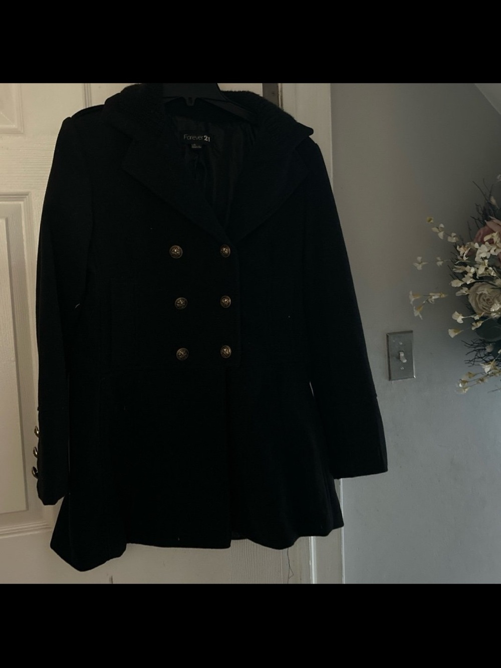 Forever 21 Black Double-Breasted Peacoat with Brass Buttons
